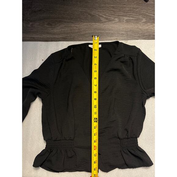 Topshop Black V-Neck Buttondown Smocked Peplum Top 2 Peasant Boho Classic Casual - Picture 8 of 12